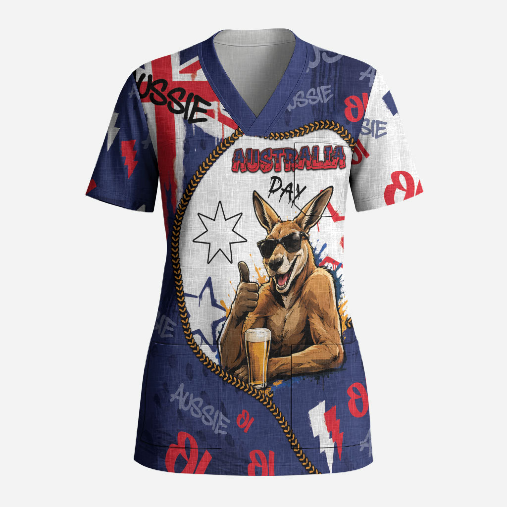 Australia Flag Day Scrub Top Cool Kangaroo Beer Aussie Aussie Oi Oi