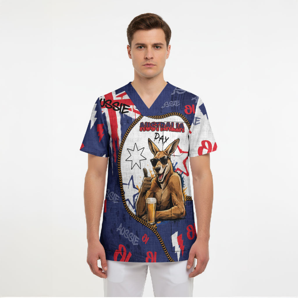 Australia Flag Day Scrub Top Cool Kangaroo Beer Aussie Aussie Oi Oi