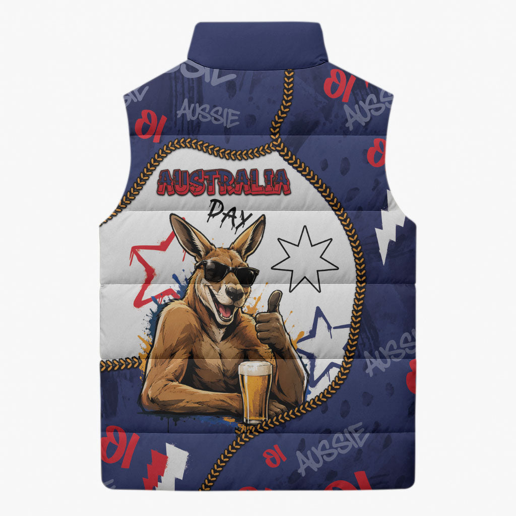 Australia Flag Day Sleeveless Puffer Jacket Cool Kangaroo Beer Aussie Aussie Oi Oi