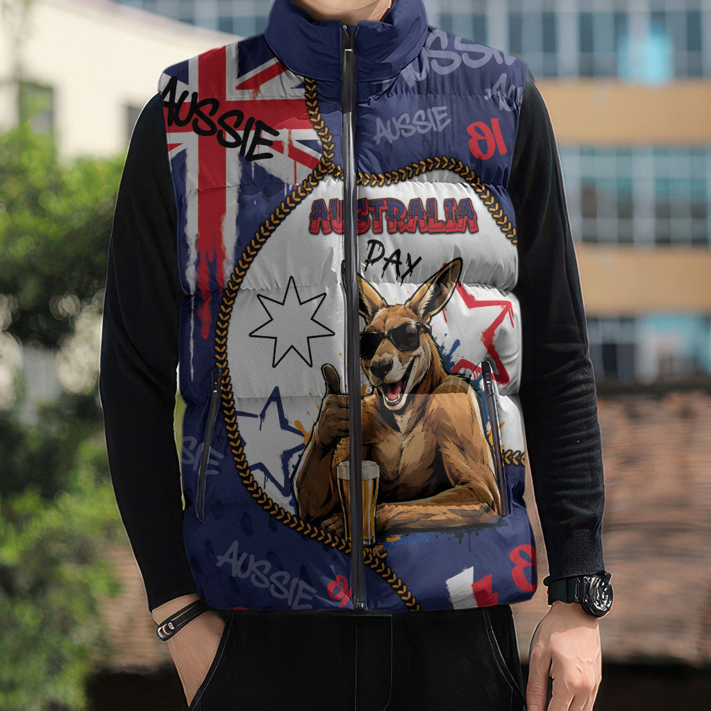 Australia Flag Day Sleeveless Puffer Jacket Cool Kangaroo Beer Aussie Aussie Oi Oi