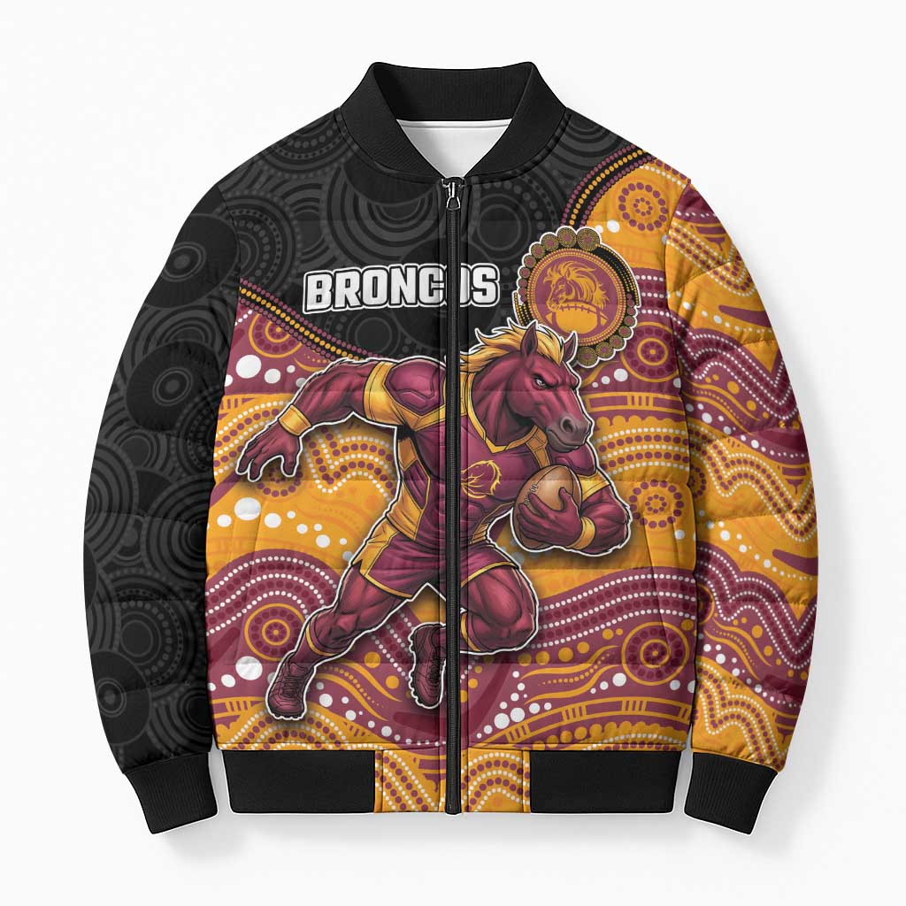 Custom Broncos Bomber Puffer Jacket Horse Mascot With Aboriginal Indigenous