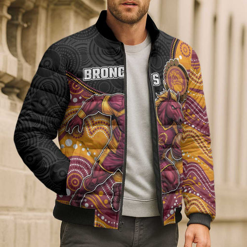 Custom Broncos Bomber Puffer Jacket Horse Mascot With Aboriginal Indigenous
