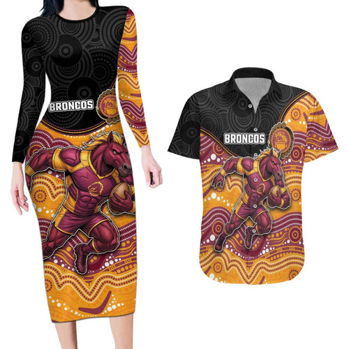 Custom Broncos Couples Matching Long Sleeve Bodycon Dress and Hawaiian Shirt Horse Mascot With Aboriginal Indigenous