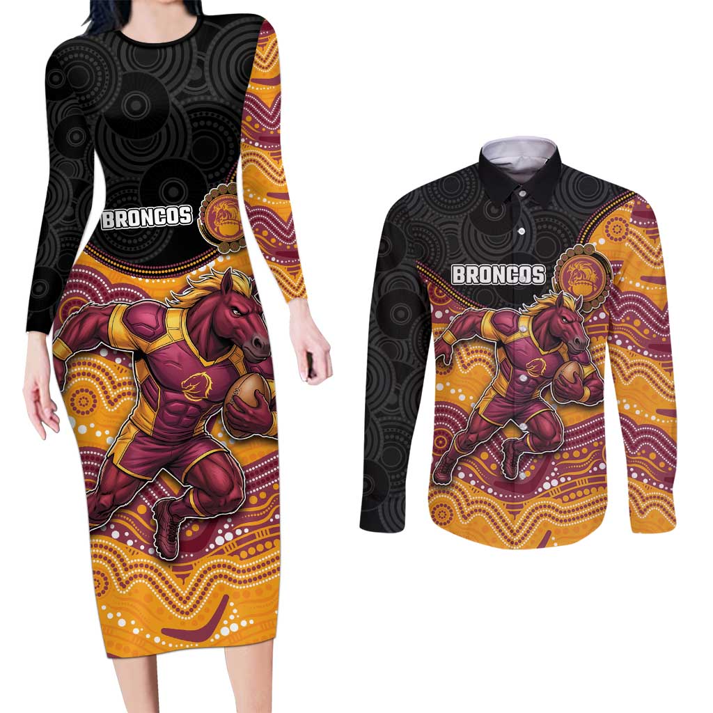 Custom Broncos Couples Matching Long Sleeve Bodycon Dress and Long Sleeve Button Shirt Horse Mascot With Aboriginal Indigenous