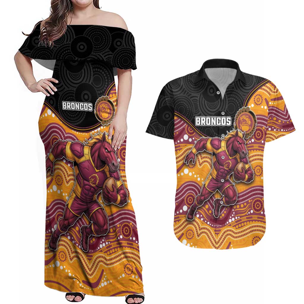 Custom Broncos Couples Matching Off Shoulder Maxi Dress and Hawaiian Shirt Horse Mascot With Aboriginal Indigenous