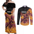 Custom Broncos Couples Matching Off Shoulder Maxi Dress and Long Sleeve Button Shirt Horse Mascot With Aboriginal Indigenous