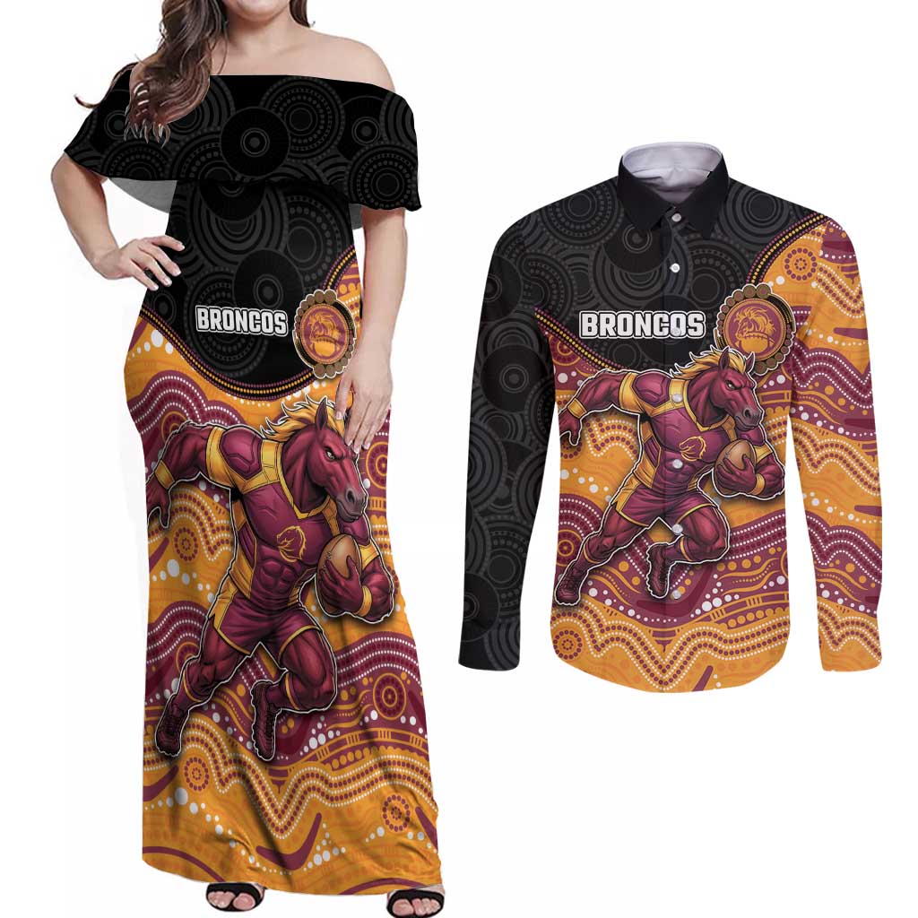 Custom Broncos Couples Matching Off Shoulder Maxi Dress and Long Sleeve Button Shirt Horse Mascot With Aboriginal Indigenous