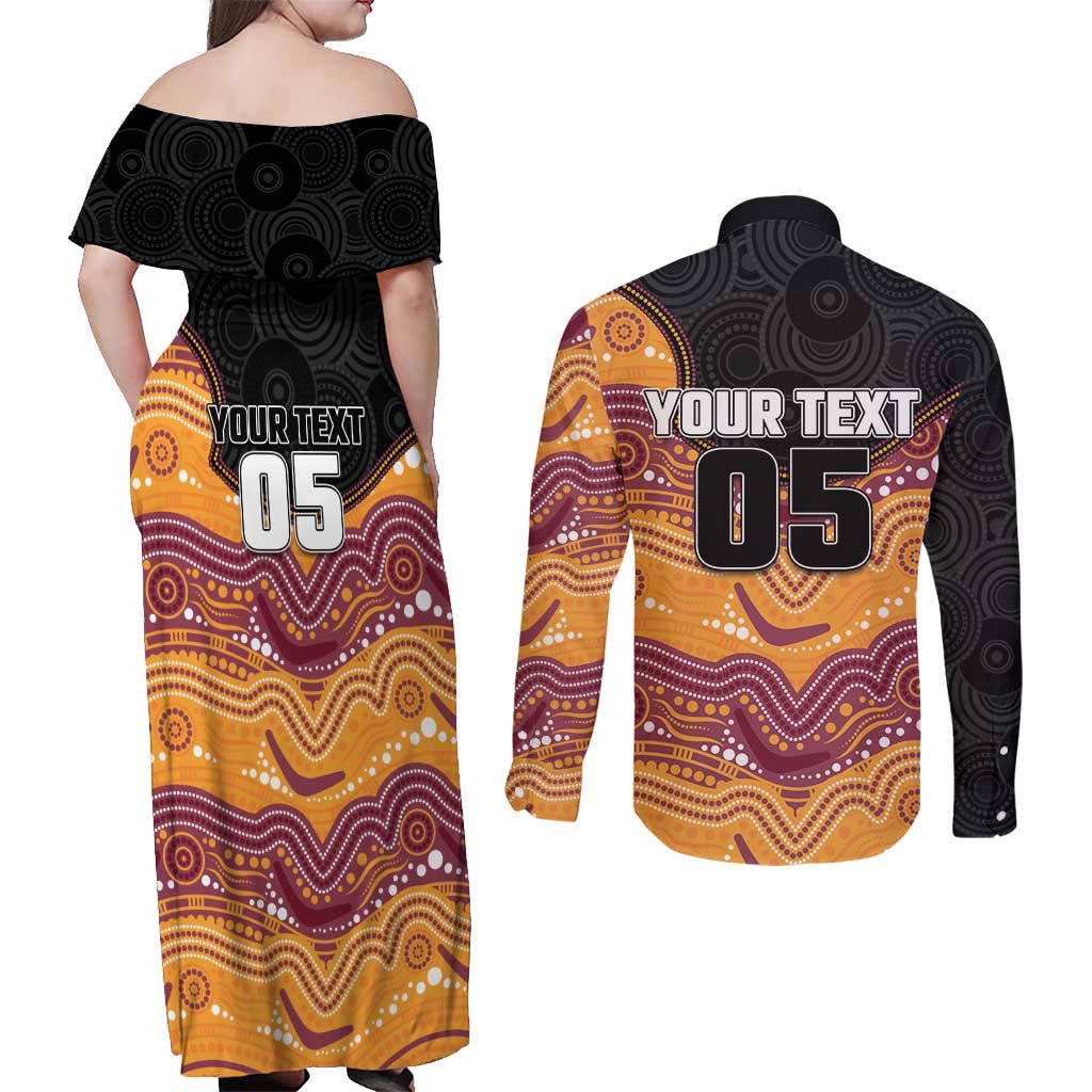 Custom Broncos Couples Matching Off Shoulder Maxi Dress and Long Sleeve Button Shirt Horse Mascot With Aboriginal Indigenous