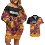 Custom Broncos Couples Matching Off Shoulder Short Dress and Hawaiian Shirt Horse Mascot With Aboriginal Indigenous