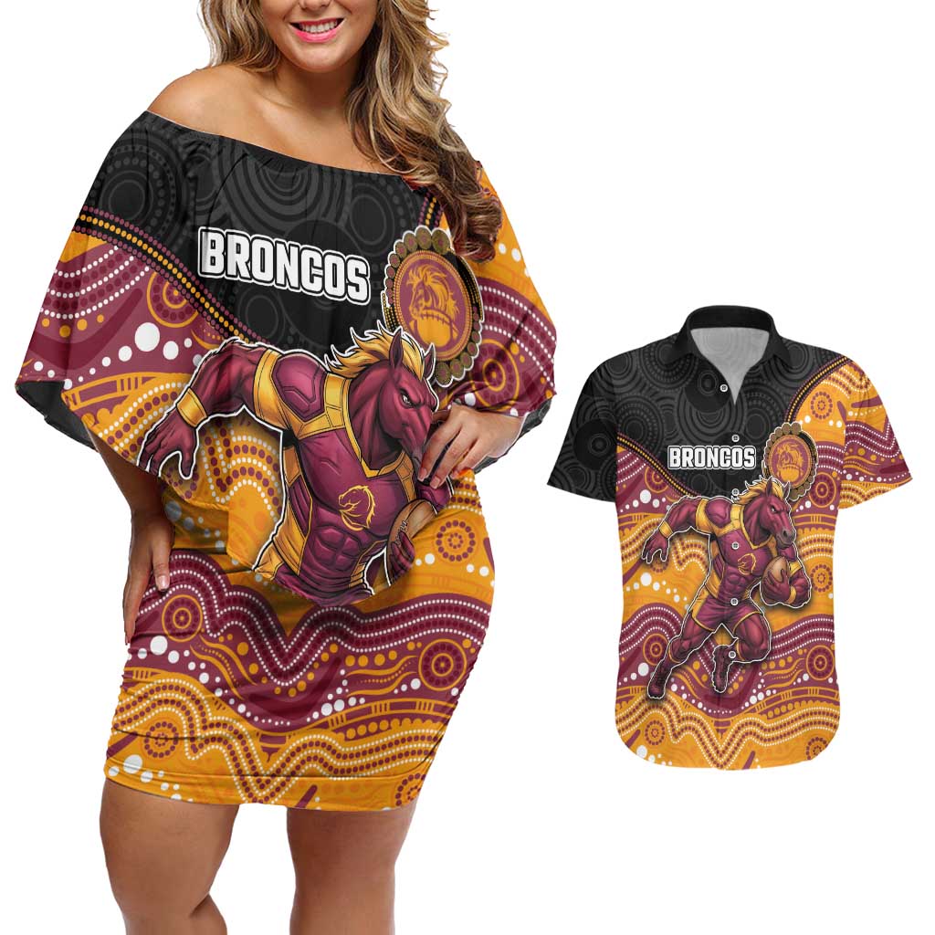Custom Broncos Couples Matching Off Shoulder Short Dress and Hawaiian Shirt Horse Mascot With Aboriginal Indigenous