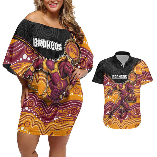 Custom Broncos Couples Matching Off Shoulder Short Dress and Hawaiian Shirt Horse Mascot With Aboriginal Indigenous