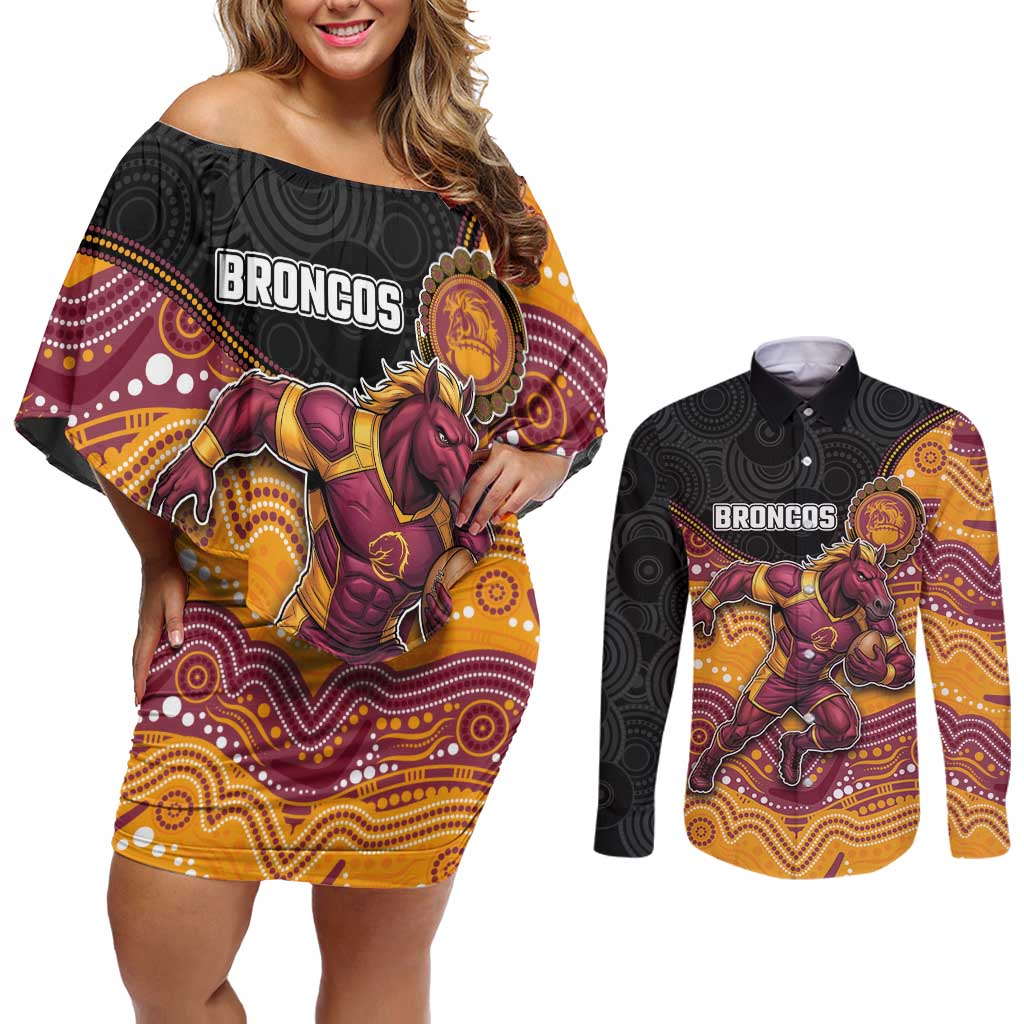 Custom Broncos Couples Matching Off Shoulder Short Dress and Long Sleeve Button Shirt Horse Mascot With Aboriginal Indigenous