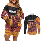 Custom Broncos Couples Matching Off Shoulder Short Dress and Long Sleeve Button Shirt Horse Mascot With Aboriginal Indigenous