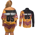 Custom Broncos Couples Matching Off Shoulder Short Dress and Long Sleeve Button Shirt Horse Mascot With Aboriginal Indigenous
