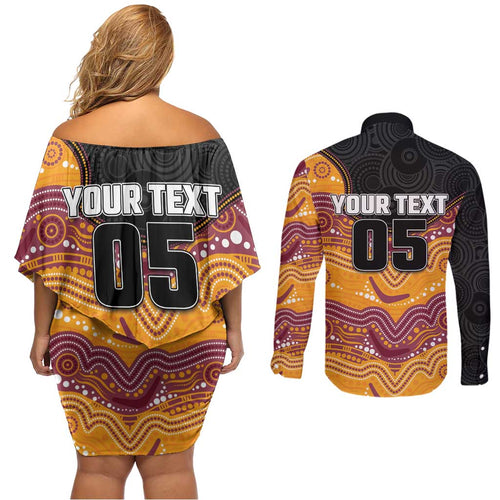 Custom Broncos Couples Matching Off Shoulder Short Dress and Long Sleeve Button Shirt Horse Mascot With Aboriginal Indigenous