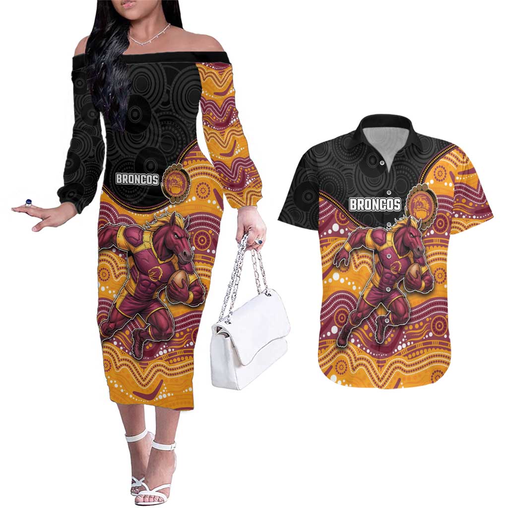 Custom Broncos Couples Matching Off The Shoulder Long Sleeve Dress and Hawaiian Shirt Horse Mascot With Aboriginal Indigenous