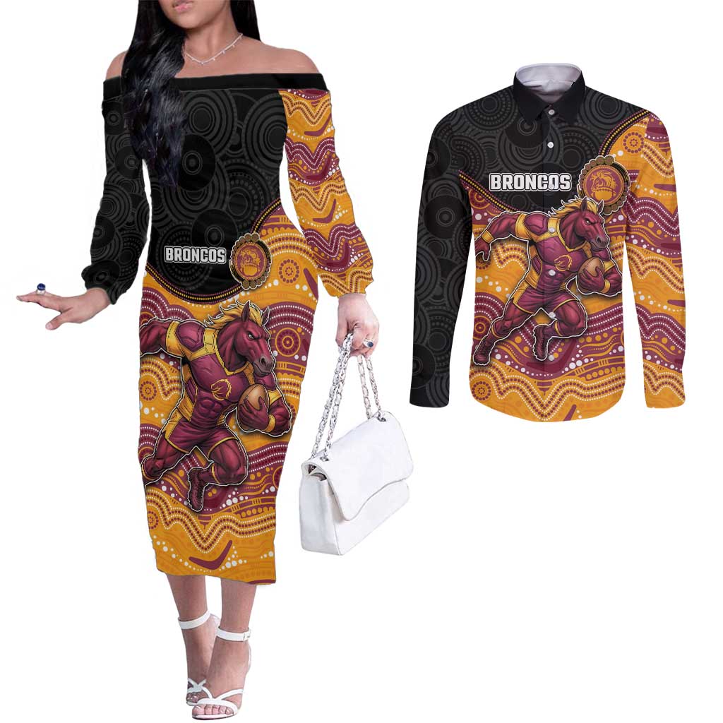 Custom Broncos Couples Matching Off The Shoulder Long Sleeve Dress and Long Sleeve Button Shirt Horse Mascot With Aboriginal Indigenous