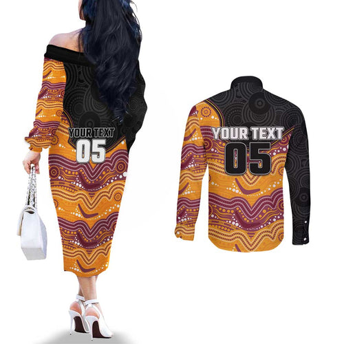 Custom Broncos Couples Matching Off The Shoulder Long Sleeve Dress and Long Sleeve Button Shirt Horse Mascot With Aboriginal Indigenous