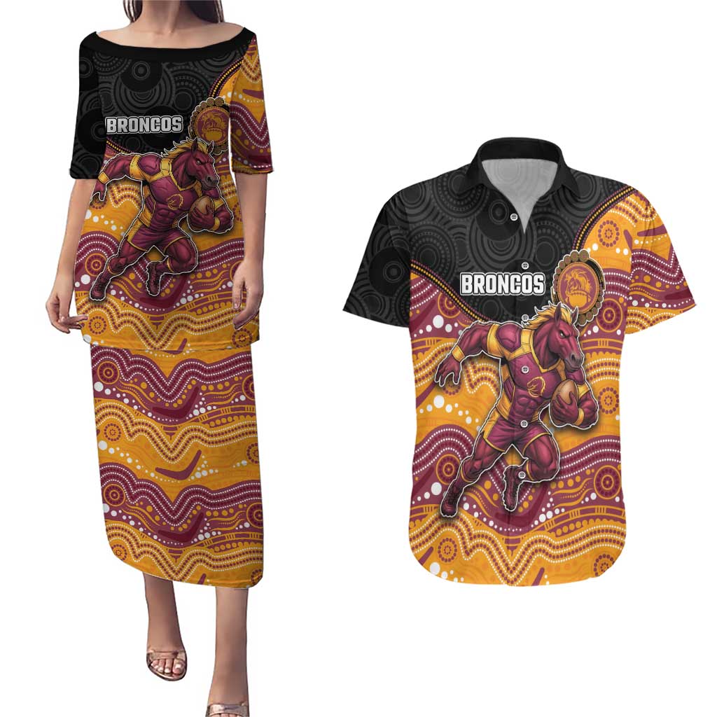 Custom Broncos Couples Matching Puletasi and Hawaiian Shirt Horse Mascot With Aboriginal Indigenous