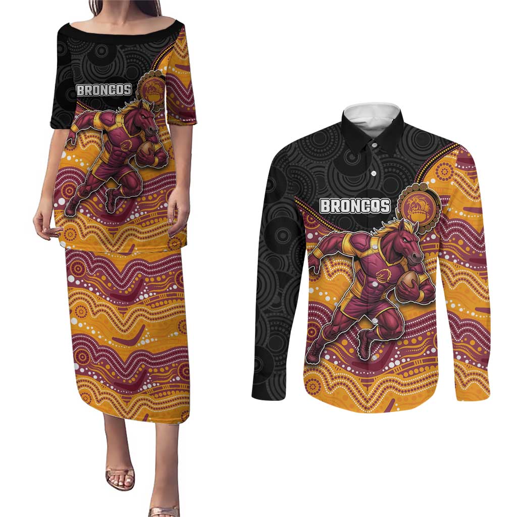 Custom Broncos Couples Matching Puletasi and Long Sleeve Button Shirt Horse Mascot With Aboriginal Indigenous