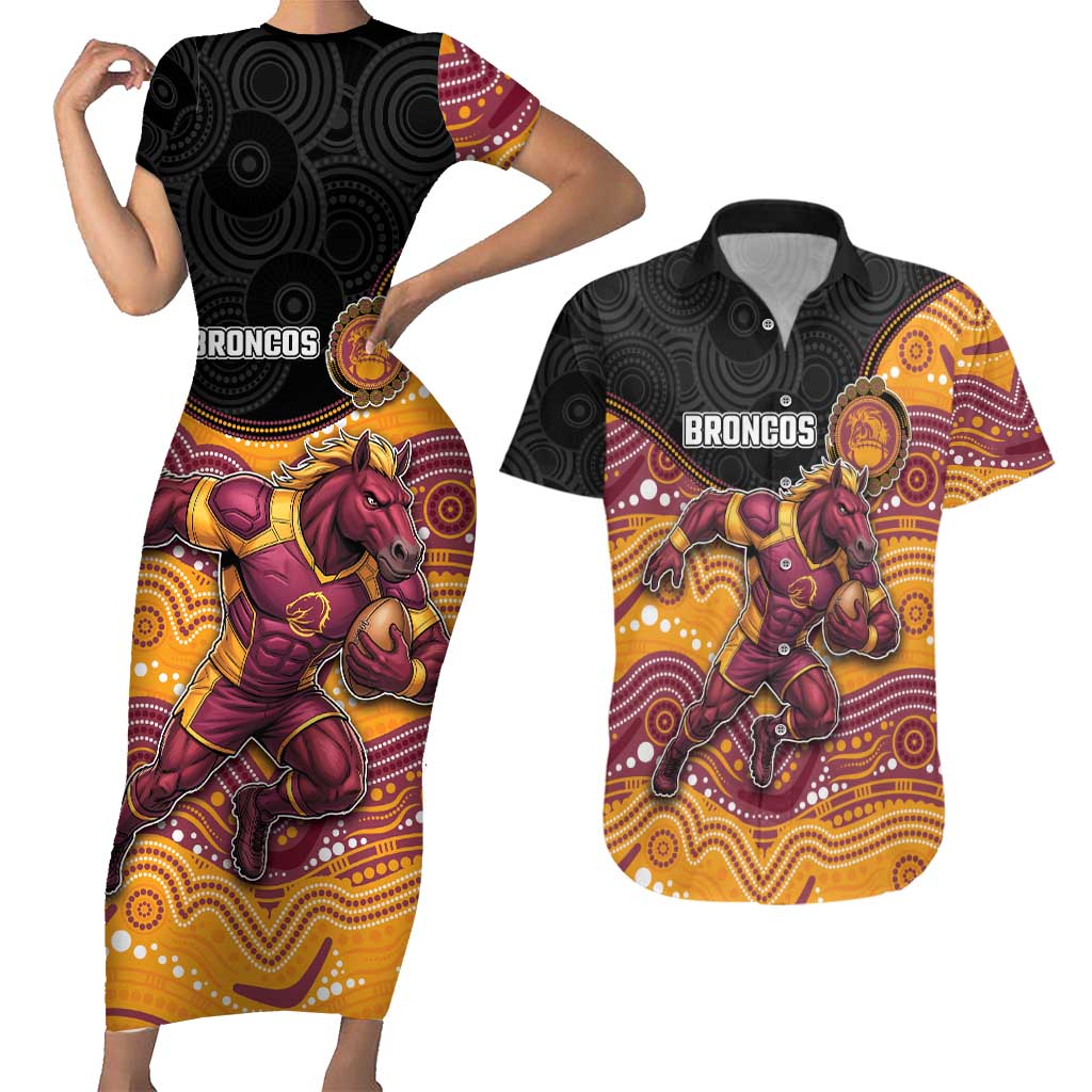 Custom Broncos Couples Matching Short Sleeve Bodycon Dress and Hawaiian Shirt Horse Mascot With Aboriginal Indigenous