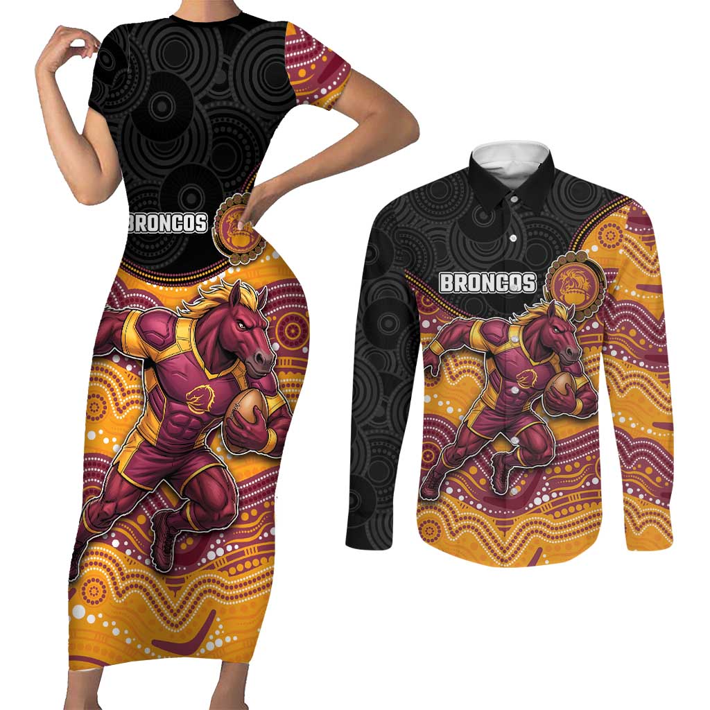 Custom Broncos Couples Matching Short Sleeve Bodycon Dress and Long Sleeve Button Shirt Horse Mascot With Aboriginal Indigenous