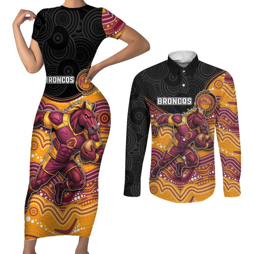 Custom Broncos Couples Matching Short Sleeve Bodycon Dress and Long Sleeve Button Shirt Horse Mascot With Aboriginal Indigenous