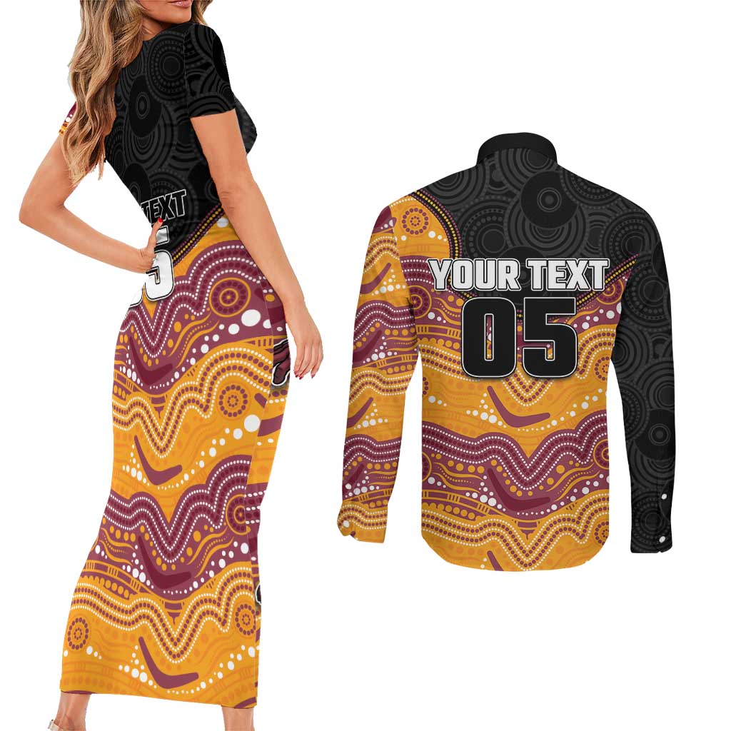 Custom Broncos Couples Matching Short Sleeve Bodycon Dress and Long Sleeve Button Shirt Horse Mascot With Aboriginal Indigenous