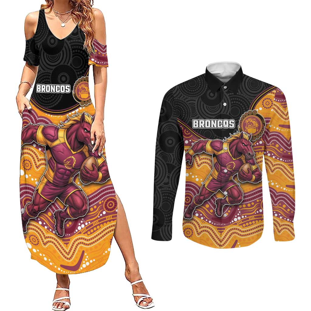 Custom Broncos Couples Matching Summer Maxi Dress and Long Sleeve Button Shirt Horse Mascot With Aboriginal Indigenous