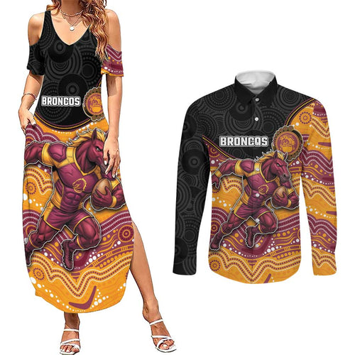 Custom Broncos Couples Matching Summer Maxi Dress and Long Sleeve Button Shirt Horse Mascot With Aboriginal Indigenous