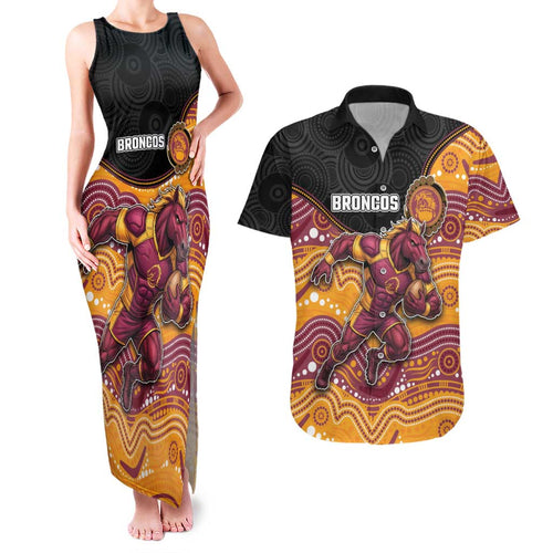 Custom Broncos Couples Matching Tank Maxi Dress and Hawaiian Shirt Horse Mascot With Aboriginal Indigenous
