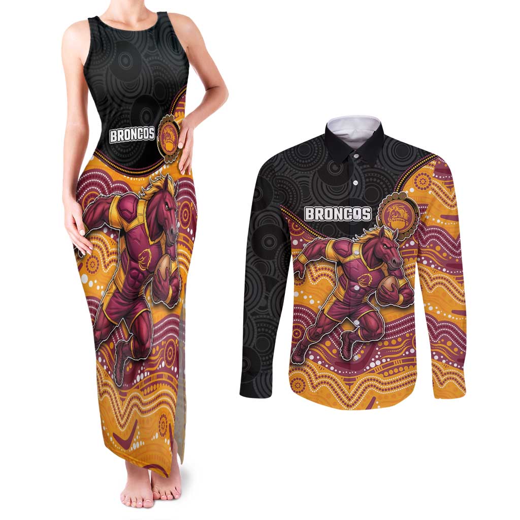 Custom Broncos Couples Matching Tank Maxi Dress and Long Sleeve Button Shirt Horse Mascot With Aboriginal Indigenous