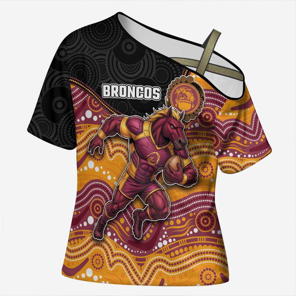 Custom Broncos Cross Shoulder Shirt Horse Mascot With Aboriginal Indigenous