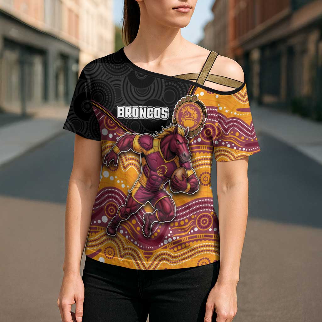 Custom Broncos Cross Shoulder Shirt Horse Mascot With Aboriginal Indigenous