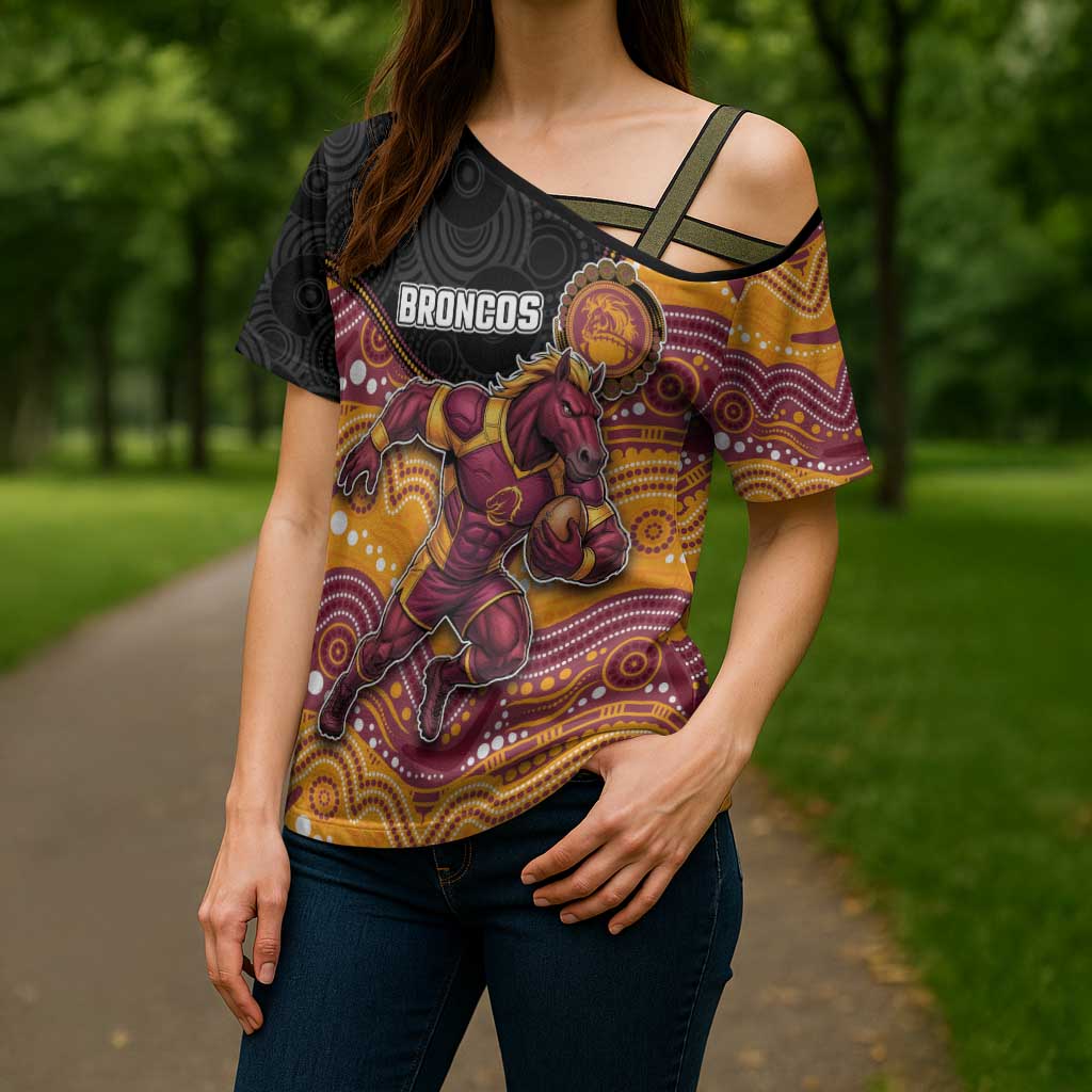 Custom Broncos Cross Shoulder Shirt Horse Mascot With Aboriginal Indigenous