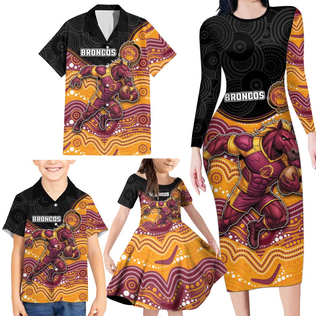 Custom Broncos Family Matching Long Sleeve Bodycon Dress and Hawaiian Shirt Horse Mascot With Aboriginal Indigenous