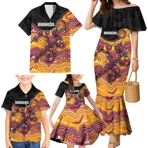 Custom Broncos Family Matching Mermaid Dress and Hawaiian Shirt Horse Mascot With Aboriginal Indigenous