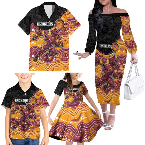 Custom Broncos Family Matching Off The Shoulder Long Sleeve Dress and Hawaiian Shirt Horse Mascot With Aboriginal Indigenous