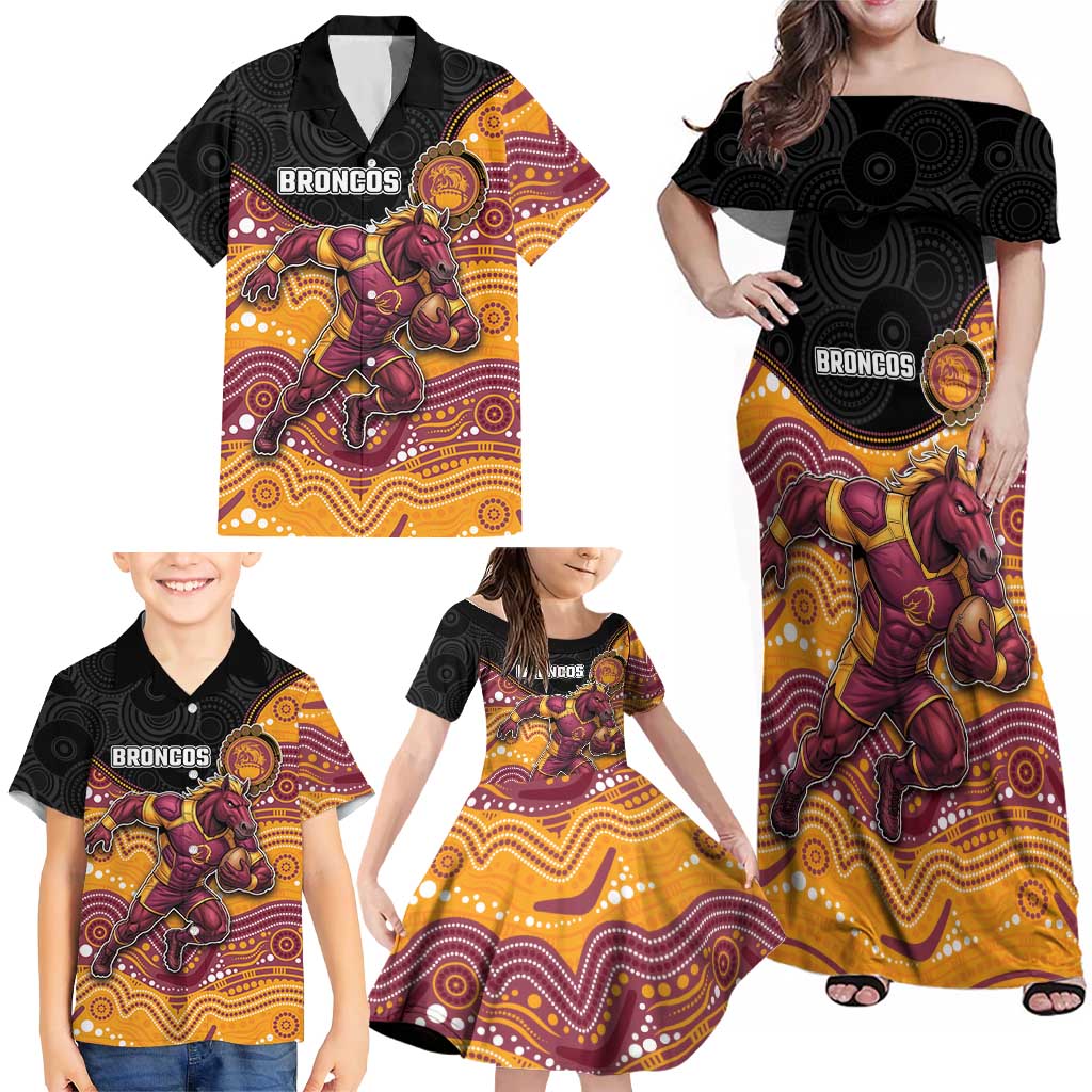 Custom Broncos Family Matching Off Shoulder Maxi Dress and Hawaiian Shirt Horse Mascot With Aboriginal Indigenous