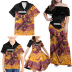 Custom Broncos Family Matching Off Shoulder Maxi Dress and Hawaiian Shirt Horse Mascot With Aboriginal Indigenous
