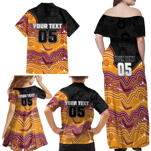 Custom Broncos Family Matching Off Shoulder Maxi Dress and Hawaiian Shirt Horse Mascot With Aboriginal Indigenous