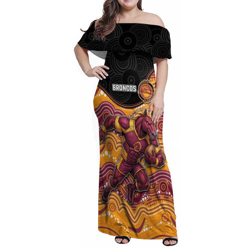 Custom Broncos Family Matching Off Shoulder Maxi Dress and Hawaiian Shirt Horse Mascot With Aboriginal Indigenous