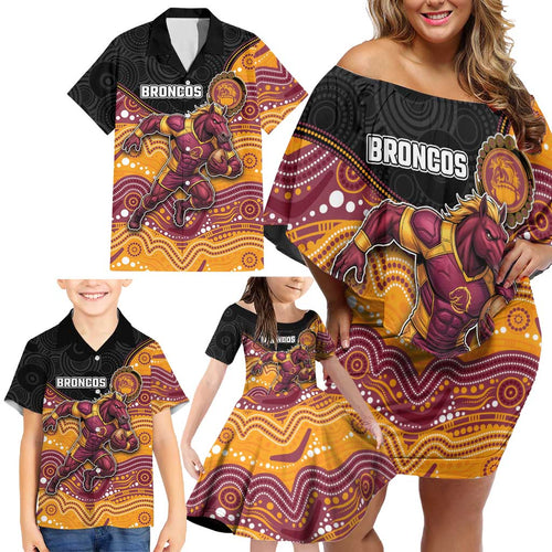 Custom Broncos Family Matching Off Shoulder Short Dress and Hawaiian Shirt Horse Mascot With Aboriginal Indigenous