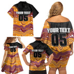 Custom Broncos Family Matching Off Shoulder Short Dress and Hawaiian Shirt Horse Mascot With Aboriginal Indigenous