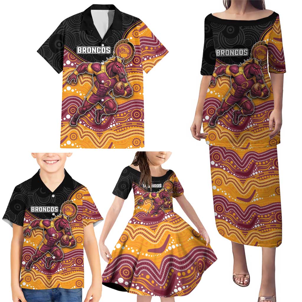Custom Broncos Family Matching Puletasi and Hawaiian Shirt Horse Mascot With Aboriginal Indigenous