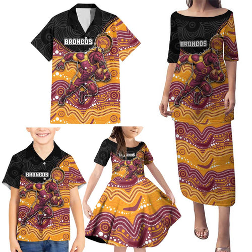 Custom Broncos Family Matching Puletasi and Hawaiian Shirt Horse Mascot With Aboriginal Indigenous