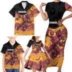 Custom Broncos Family Matching Short Sleeve Bodycon Dress and Hawaiian Shirt Horse Mascot With Aboriginal Indigenous
