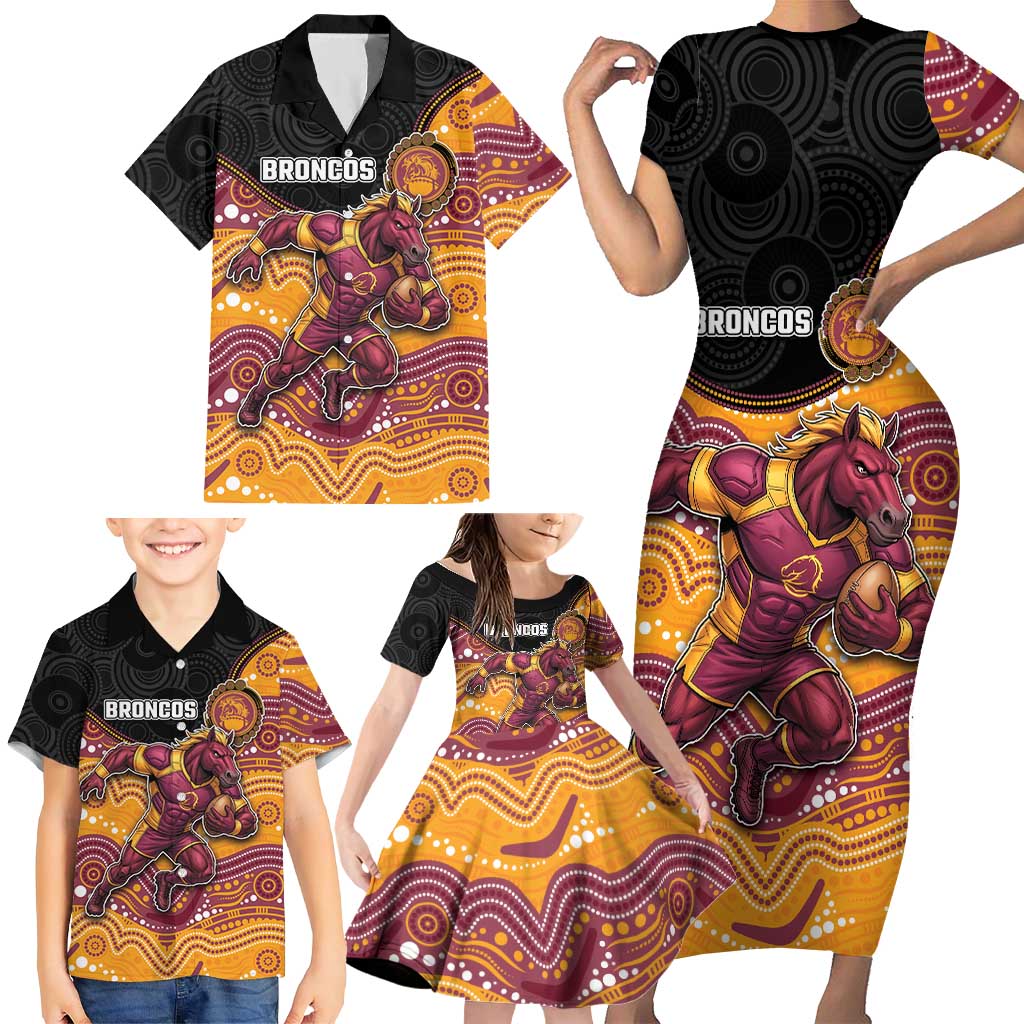 Custom Broncos Family Matching Short Sleeve Bodycon Dress and Hawaiian Shirt Horse Mascot With Aboriginal Indigenous