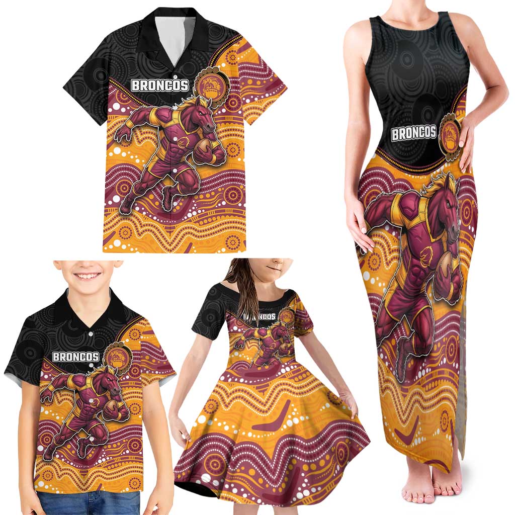Custom Broncos Family Matching Tank Maxi Dress and Hawaiian Shirt Horse Mascot With Aboriginal Indigenous