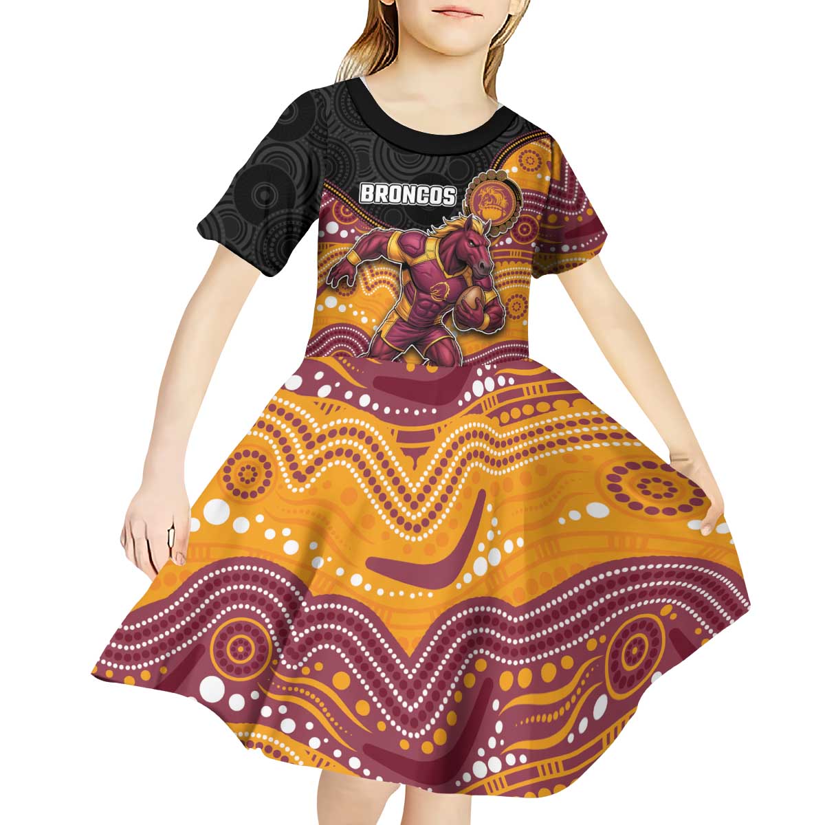 Custom Broncos Kid Short Sleeve Dress Horse Mascot With Aboriginal Indigenous